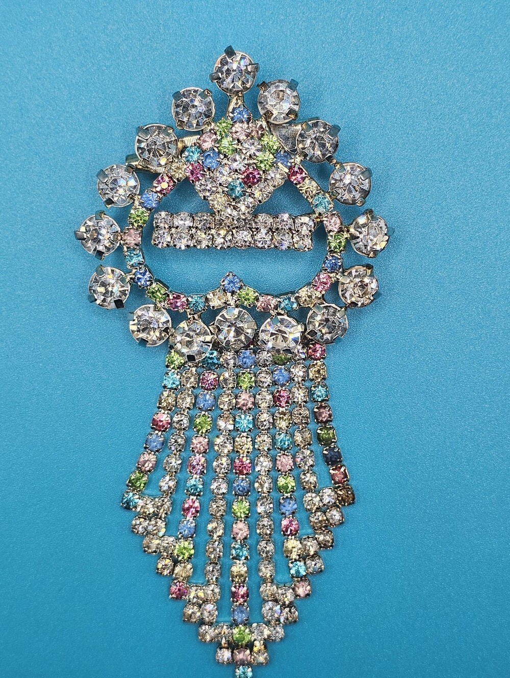 Multicolor Rhinestone Crown Waterfall Fringe Brooch Pin 👑